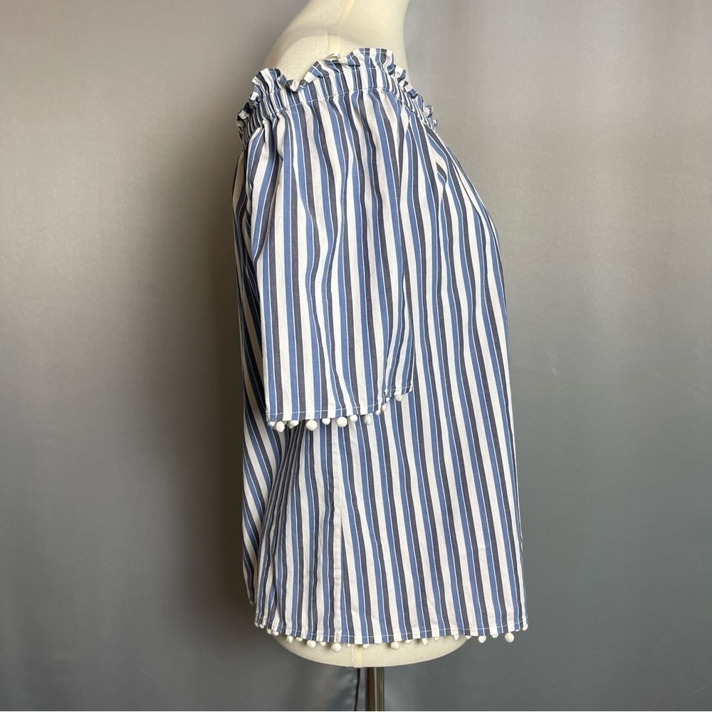 Trina Turk Off Shoulder Blue White Striped Pom Pom Blouse Top Size Small - Picture 7 of 13